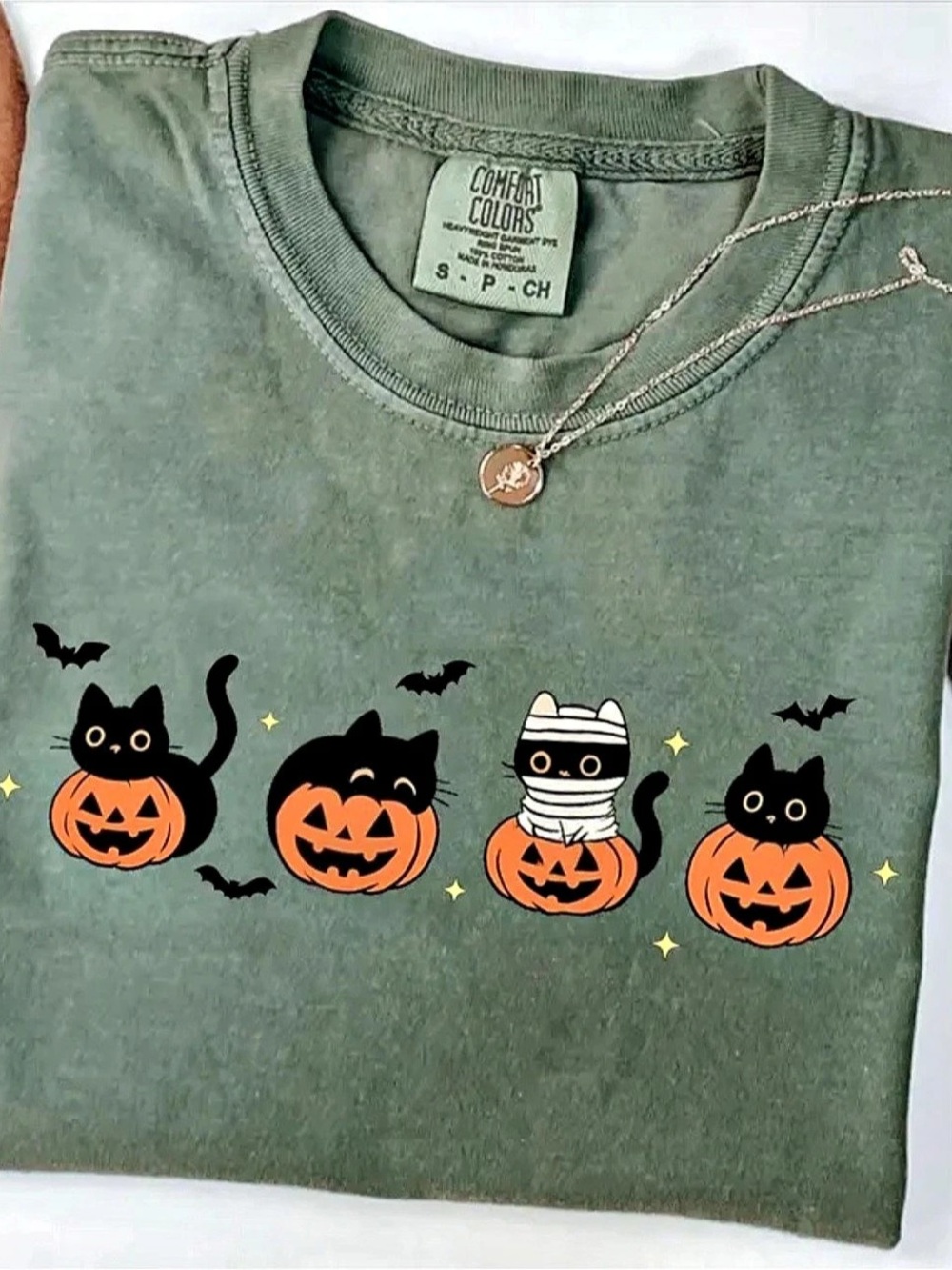 Comfort Colors Moss Halloween Cat Pumpkin Tee Like New